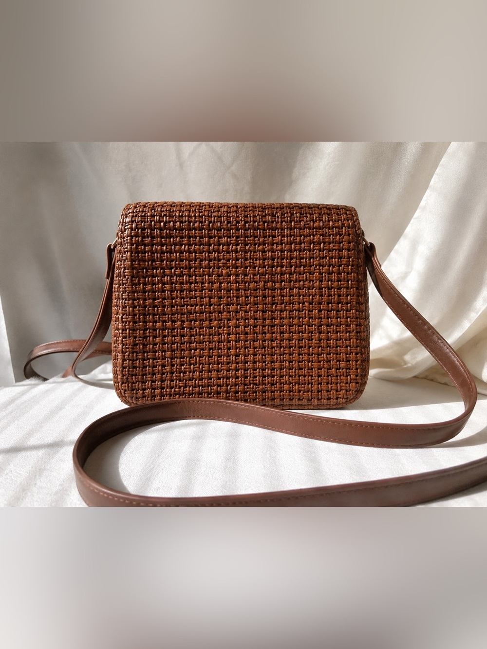 Brown Woven Faux Leather Crossbody Bag Adjustable Strap Boho Chic Handbag